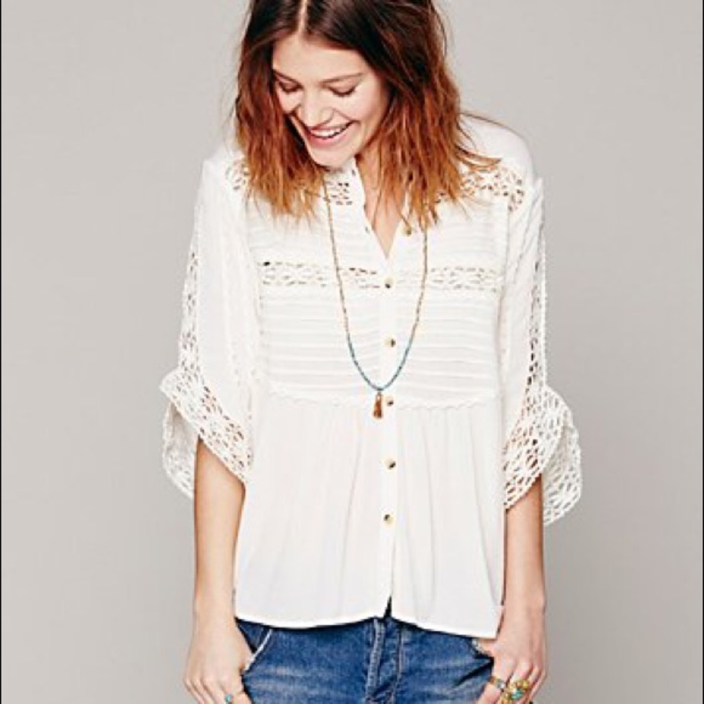 NWOT Free People Pintuck Crochet Inset Button Down